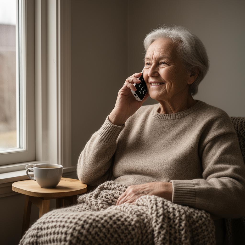 Eldre mann har en god telefonsamtale hjemme